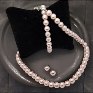 3pc Set Pink Faux Pearl Jewelry Matching Classic Formal Wedding Flower Girl Teen